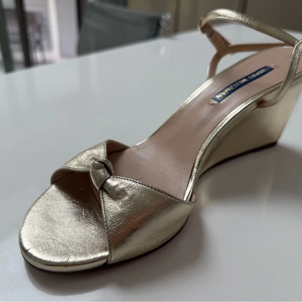 Stuart Weitzman Metallic Gold Knotted Open-Toe Wedge Sandals